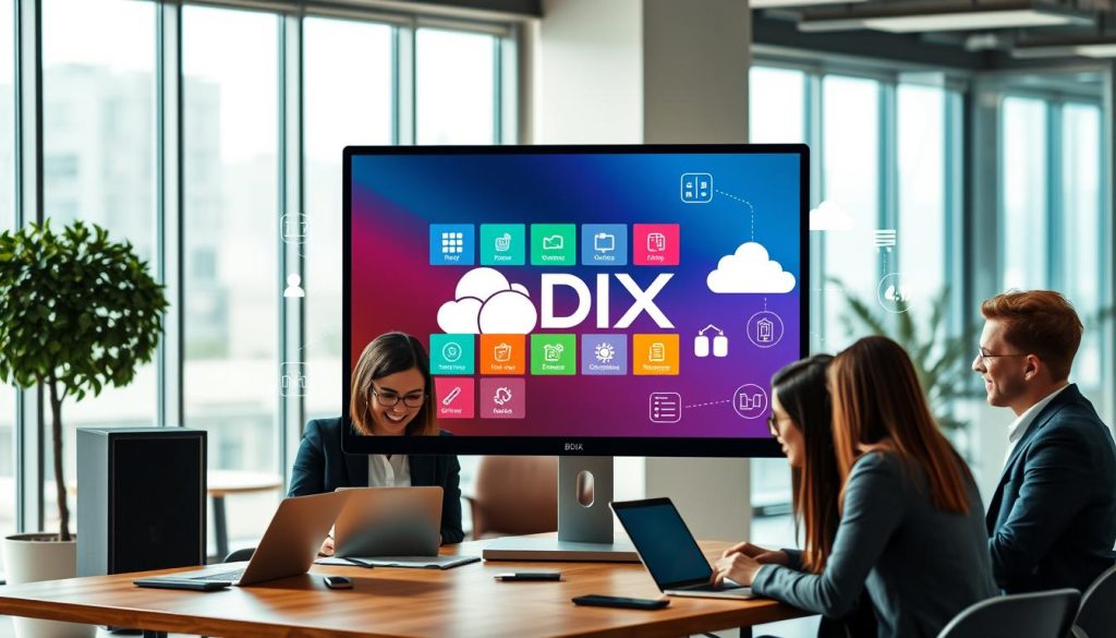 A modern workspace featuring a prominent, sleek computer monitor displaying a colorful interface representing various third-party app integrations. In the foreground, a diverse group of three professionals—two women and one man—are dressed in professional business attire, collaborating around a table with laptops and tablets, engaged in discussion. The middle ground includes stylized infographics and icons symbolizing cloud computing, data transfer, and interconnected applications, subtly emanating from the computer screen. The background showcases a bright and airy office space with large windows, allowing natural light to illuminate the scene. A warm, collaborative atmosphere is created, emphasizing teamwork and modern technology. The brand name "BDIX Server" is subtly incorporated into the digital display.