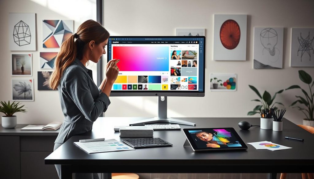 A modern workspace illustrating design customization, featuring a sleek desk with a high-resolution monitor displaying a vibrant website design interface. In the foreground, a professional woman in smart casual attire is focused on adjusting color palettes and layouts on the screen, embodying creative freedom. The middle layer includes an array of design tools like color swatches, sketches, and a tablet with digital art displayed. In the background, a wall adorned with inspirational design posters adds to the creative atmosphere. Soft, natural lighting streams in from a large window, creating a warm and inviting ambiance. The overall mood is one of creativity and innovation, promoting the idea of personalized web design.
