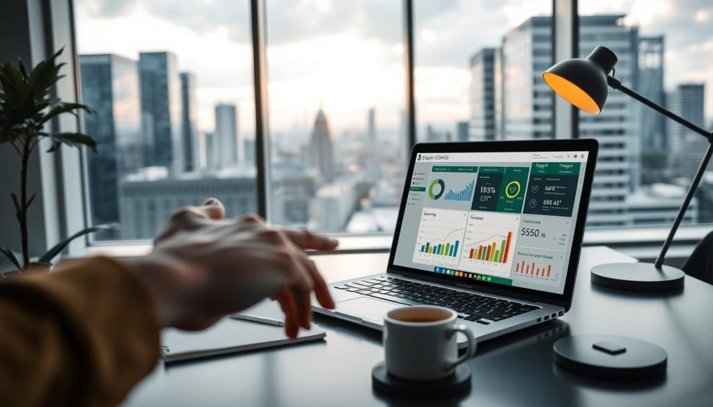 A modern workspace showcasing a laptop displaying the Sage 300 ERP interface, prominently featuring its dashboard with colorful graphs and statistics. In the foreground, a hand reaches towards the screen, symbolizing accessibility and user-friendly interaction. The middle ground includes a sleek desk with business essentials – a notebook, a coffee cup, and a modern lamp emitting a warm glow. In the background, a large window reveals a panoramic city view with contemporary buildings, hinting at the flexibility of remote access. The scene is illuminated by natural light, creating an inviting and productive atmosphere. The overall mood is professional yet approachable, emphasizing the power of Sage 300 in a cloud-hosted environment, seamlessly accessed from anywhere.