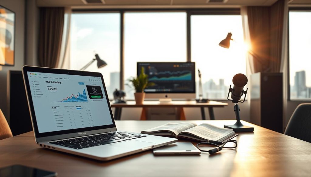 A modern workspace showcasing key features of web hosting, arranged in a visually compelling composition. Foreground: a sleek laptop displaying a vibrant dashboard of hosting analytics with graphs and statistics, surrounded by a smartphone and open notebook. Middle ground: a stylish desk adorned with a potted plant, a high-quality webcam, and a premium microphone, suggesting communication tools for support. Background: a large window allowing soft, natural light to fill the space, with a city skyline visible outside, symbolizing connectivity and growth. The mood is professional yet inviting, reflecting innovation and reliability in web hosting. Capture the scene with a soft focus lens to create a warm atmosphere, emphasizing business professionalism without any distractions.