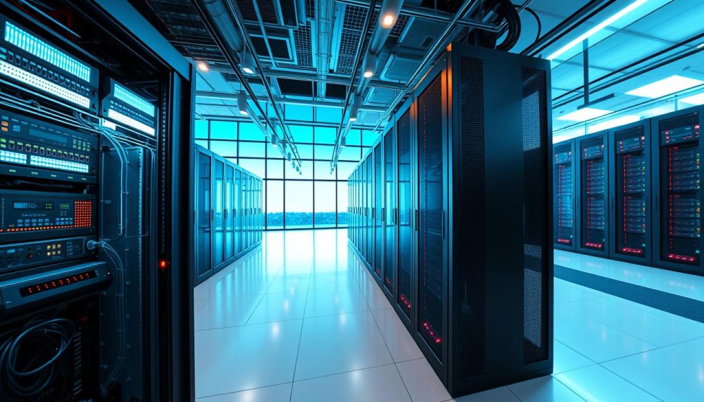 A panoramic view of a high-tech data center showcasing multiple colorful server racks and blinking lights. In the foreground, a sleek, modern server rack is open, with visible intricate wiring and LED indicators. In the middle ground, rows of neatly organized servers extend towards the horizon, illustrating a large, state-of-the-art facility. The background features a glass wall revealing a clear blue sky, emphasizing an expansive global reach. Soft, cool lighting enhances the technological ambiance, with light reflecting off polished surfaces. A wide-angle perspective captures the scale and sophistication of the environment. The atmosphere conveys efficiency and innovation, symbolizing speedy data delivery across global server locations.