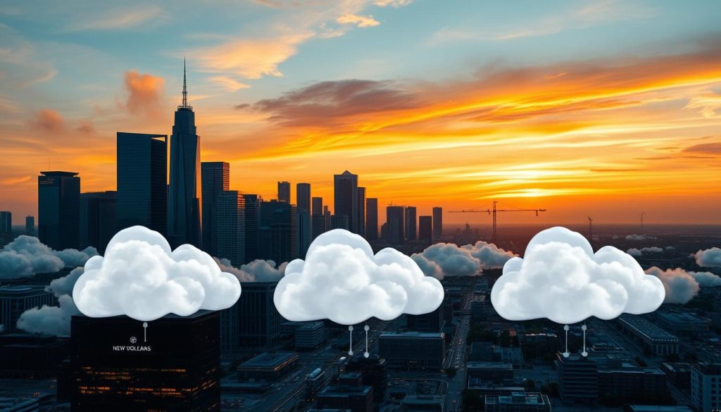 A panoramic view of a modern city skyline featuring New Orleans, with a focus on a futuristic data center glowing softly in the foreground. In the middle ground, stylized cloud graphics symbolize cloud services, resembling fluffy cumulus clouds integrated with digital elements like circuits and data streams. The background shows a vibrant sunset sky transitioning from orange to deep blue, casting warm light over the scene. Use a wide-angle lens to capture the expansive atmosphere, emphasizing the strategic importance of technology and innovation. The overall mood is one of optimism and advancement, blending urban dynamism with cutting-edge cloud technology, showcasing connectivity and efficiency in a professional context.