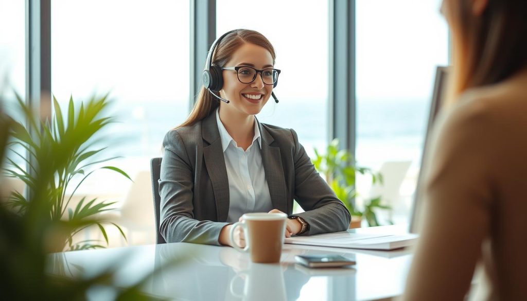 A professional and welcoming customer support scene set in an office environment. In the foreground, a friendly customer support representative, dressed in business casual attire, is sitting at a modern desk with a computer and headset, actively engaging with a customer. The middle layer features a plant and a coffee mug, adding warmth to the setting. In the background, large windows showcase a bright Myrtle Beach coastline, hinting at a coastal vibe. Soft, natural lighting streams in, creating an inviting atmosphere, while a gentle bokeh effect blurs the outside scene, keeping the focus on the representative. The overall mood is one of approachability and professionalism, emphasizing the importance of responsive customer support.