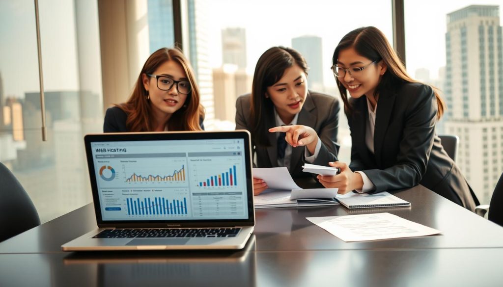 A professional business meeting focused on a web hosting company sale, featuring a diverse group of three individuals in business attire, discussing over a laptop and documents on a sleek modern conference table. In the foreground, a laptop screen displays data analytics and graphs related to web hosting services. In the middle, two people, a woman with glasses and a man with a notepad, lean in, engaged in discussion, while a third person, a woman of Asian descent, gestures and points at the screen, conveying excitement. The background showcases a large window with a cityscape view, letting in soft, natural light that creates an inviting atmosphere. The colors are warm and professional, promoting a mood of collaboration and strategic planning. The angle is slightly elevated, capturing the dynamic interaction among the participants.