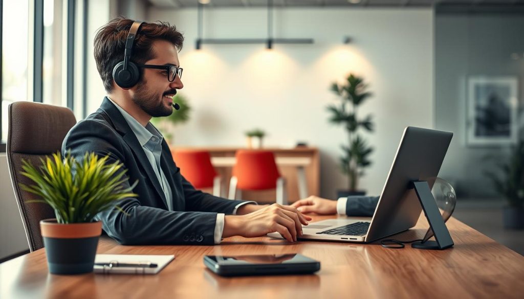 A professional customer service representative seated at a modern, well-organized desk, engaging in a video call with a customer. The foreground features a sleek laptop open with a customer service interface visible on the screen. The representative is dressed in smart business attire, exuding professionalism and approachability. In the middle ground, there are various customer support resources, like a notepad, digital gadgets, and a plant for a touch of liveliness. The background showcases a contemporary office environment with soft lighting, promoting a warm and inviting atmosphere. The scene is captured from a slightly elevated angle to emphasize the interaction, with natural light filtering through a nearby window. The mood is focused yet friendly, highlighting the importance of customer service and support response in a web hosting scenario.