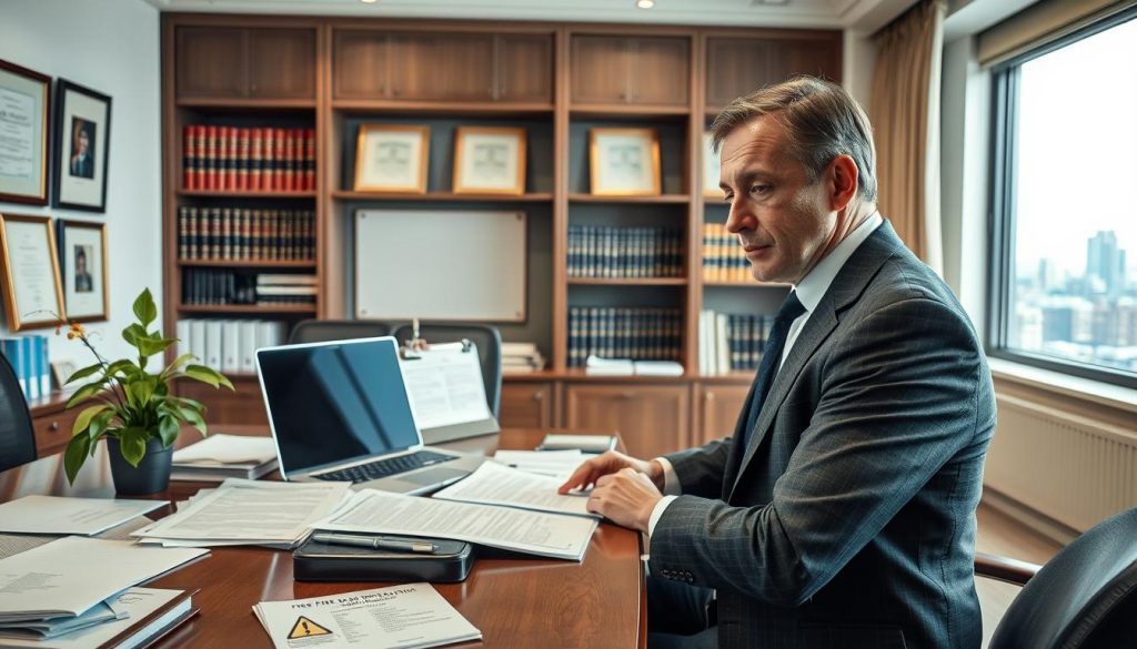 A professional law office environment, featuring a large desk cluttered with important legal documents, a laptop displaying a warning against free hosting services, and a potted plant for warmth. In the foreground, a distinguished lawyer in professional attire, looking concerned while examining a report about free hosting risks. The middle ground includes a well-lit office with shelves filled with legal books and framed diplomas, emphasizing authority and professionalism. The background is an elegant window showing a cityscape, suggesting ambition and growth. The scene should be illuminated with soft, natural light, creating a serious yet inviting atmosphere. The angle is slightly from above, providing a comprehensive view of the law office's professionalism and the lawyer's focus on important decisions regarding web hosting.