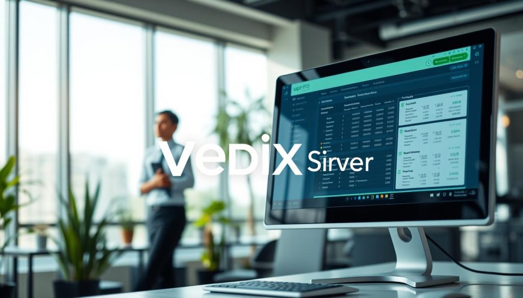 A professional, modern office environment is depicted in the foreground, showcasing a sleek desktop computer displaying the Verito QuickBooks hosting interface. In the middle, a business professional dressed in smart casual clothing, looking engaged and focused as they analyze financial data on the screen. The background features a bright, airy office with large windows allowing natural light to stream in, casting soft shadows. A few green plants add a touch of vitality to the setting. The overall mood is one of productivity and efficiency, illustrating the performance capabilities of Verito for small businesses. The image is captured with a soft focus effect, mimicking a shallow depth of field, enhancing the emphasis on the subject and the computer screen while creating a sense of organized professionalism. The brand name "BDIX Server" is subtly integrated into the workspace, emphasizing its connection to the hosting service.