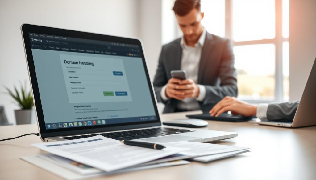 A professional office environment featuring a sleek desk with a modern laptop open to a web hosting interface. In the foreground, a close-up of a computer screen displaying a domain registration page, surrounded by neatly organized documents related to domain management. In the middle ground, a business professional in smart casual attire types on the keyboard, focused on managing their email accounts. The background shows a bright, well-lit office space with a window revealing a serene outdoor view, casting natural light onto the scene. Soft and inviting colors create a calm atmosphere, enhancing the sense of organized productivity. The focus is clear, with a slight blur effect on the background to draw attention to the domain and email management tasks. A professional office environment featuring a sleek desk with a modern laptop open to a web hosting interface. In the foreground, a close-up of a computer screen displaying a domain registration page, surrounded by neatly organized documents related to domain management. In the middle ground, a business professional in smart casual attire types on the keyboard, focused on managing their email accounts. The background shows a bright, well-lit office space with a window revealing a serene outdoor view, casting natural light onto the scene. Soft and inviting colors create a calm atmosphere, enhancing the sense of organized productivity. The focus is clear, with a slight blur effect on the background to draw attention to the domain and email management tasks.