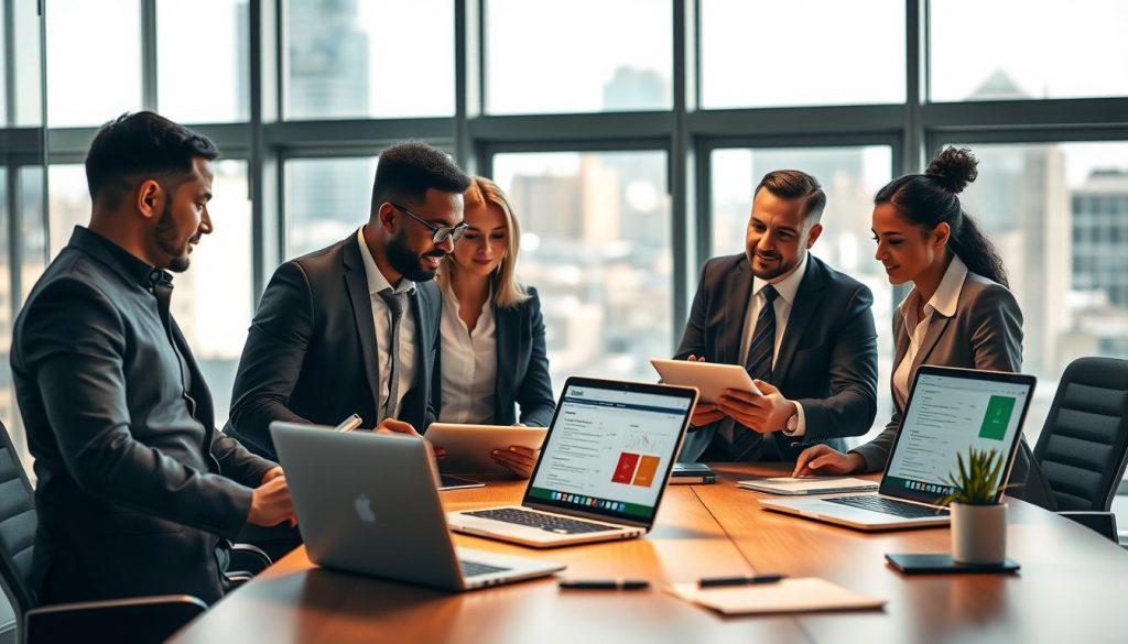 A professional office environment focusing on expert support for Sage 300 Cloud operations. In the foreground, a diverse group of three business professionals in smart casual attire are engaged in a discussion, reviewing digital devices like laptops and tablets, with expressions of focus and collaboration. The middle ground features a modern conference table adorned with notepads, pens, and a laptop displaying the Sage 300 interface. In the background, large windows allow natural light to flood the room, providing a bright and airy feel, while a soft-focus cityscape can be seen outside. The lighting is warm and inviting, creating a sense of productivity and teamwork. The overall mood conveys professionalism and seamless operations in a tech-savvy corporate setting.