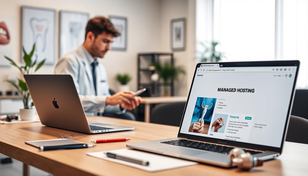 A professional office environment showcasing a dental practice website being developed on a sleek laptop. In the foreground, a focused dental professional wearing smart casual attire interacts with the laptop, looking at graphs and website layouts. In the middle, a modern desk cluttered with dental tools and a plant adds a touch of warmth, while an open browser displays "managed hosting" features prominently. The background features soft-focus dental-themed decor and a large window letting in soft, diffused natural light, creating a bright and welcoming atmosphere. The scene conveys a mood of professionalism and technological advancement, ideal for illustrating the benefits of managed hosting.