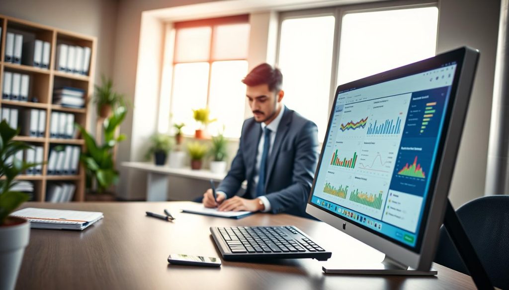 A professional office environment showcasing a modern desk with a computer running QuickBooks Desktop software. The foreground features the screen displaying the QuickBooks interface, filled with colorful graphs and financial data. In the middle ground, a businessperson in smart casual attire is focused on the screen, typing on a keyboard, with a notepad and pen next to them. The background shows a well-organized office space, with shelves of accounting books and some indoor plants, contributing to a productive atmosphere. Soft, natural lighting pours in from a window, creating a warm and inviting mood. The perspective is slightly angled to highlight the computer setup and the attentive demeanor of the individual.