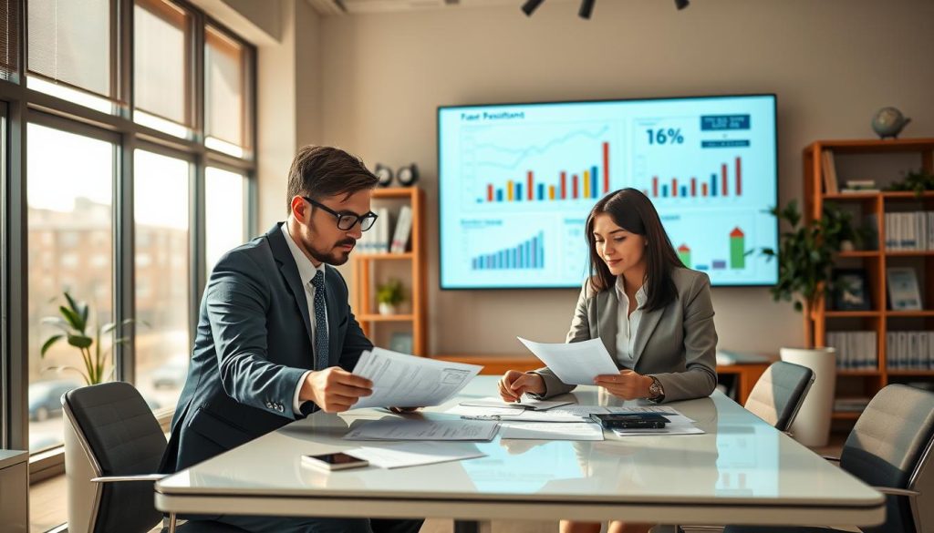 A professional office setting depicted in warm, natural lighting, focusing on a diverse group of business professionals collaborating on tax strategy. In the foreground, two individuals—one male and one female—are reviewing financial documents on a sleek, modern table, both dressed in smart business attire. The middle layer shows a large screen displaying tax graphs and data analytics, symbolizing expert assistance in the background. A bookshelf filled with tax reference books and a potted plant create a calming atmosphere. The background features large windows allowing soft sunlight to filter in, suggesting a welcoming environment for growth. The overall mood should be one of professionalism, collaboration, and strategic planning, encapsulating the essence of leveraging expert assistance for business growth. A professional office setting depicted in warm, natural lighting, focusing on a diverse group of business professionals collaborating on tax strategy. In the foreground, two individuals—one male and one female—are reviewing financial documents on a sleek, modern table, both dressed in smart business attire. The middle layer shows a large screen displaying tax graphs and data analytics, symbolizing expert assistance in the background. A bookshelf filled with tax reference books and a potted plant create a calming atmosphere. The background features large windows allowing soft sunlight to filter in, suggesting a welcoming environment for growth. The overall mood should be one of professionalism, collaboration, and strategic planning, encapsulating the essence of leveraging expert assistance for business growth.