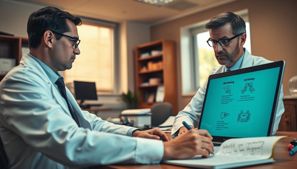 A professional office setting depicting a concerned dentist reviewing web hosting options on a laptop, emphasizing caution against low-quality providers. In the foreground, the dentist, dressed in a crisp white coat and professional attire, looks at the screen with a frown, symbols of poor service subtly indicated on the screen (like broken links and slow loading times). The middle ground shows a cluttered desk with dental tools and a notepad filled with notes on web design. In the background, a large window lets in warm, natural light, creating a welcoming atmosphere. The overall mood is serious and focused, emphasizing the importance of making informed decisions for a dental practice's online presence.