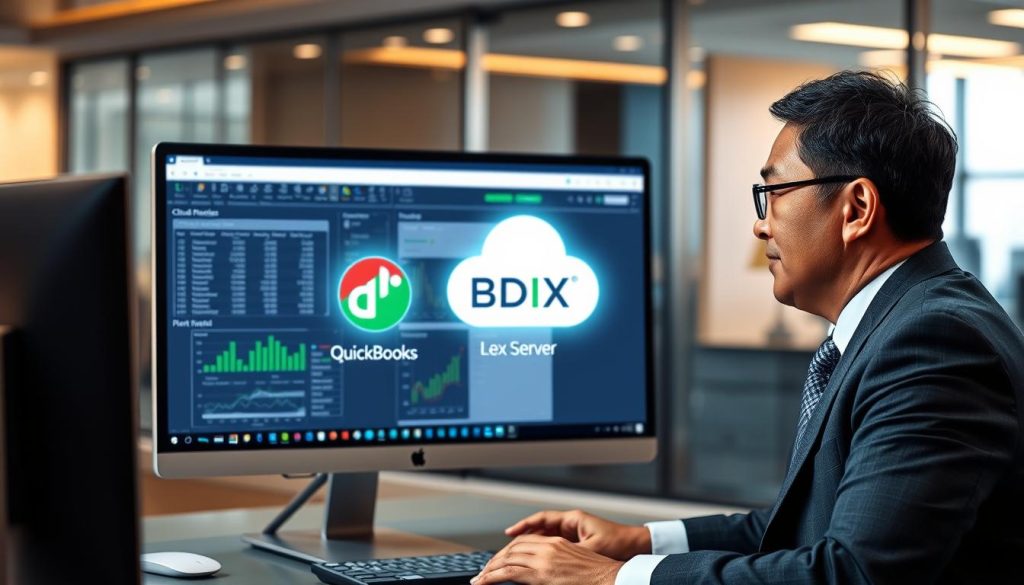 A professional office setting focusing on a sleek computer monitor displaying QuickBooks software, symbolizing cloud hosting services. In the foreground, a well-dressed business person, a middle-aged Asian male, is actively analyzing financial data on the screen, showcasing engagement and expertise. In the middle, there are digital representations of top QuickBooks hosting providers, including the brand "BDIX Server," presented as glowing icons or logos, symbolizing cloud technology. The background features a modern office with glass walls, warm ambient lighting creating a productive atmosphere. The camera angle is slightly above eye level, emphasizing the professionalism of the scene while ensuring clarity of the monitor display. The mood is focused and encouraging, ideal for professionals exploring cloud hosting options.