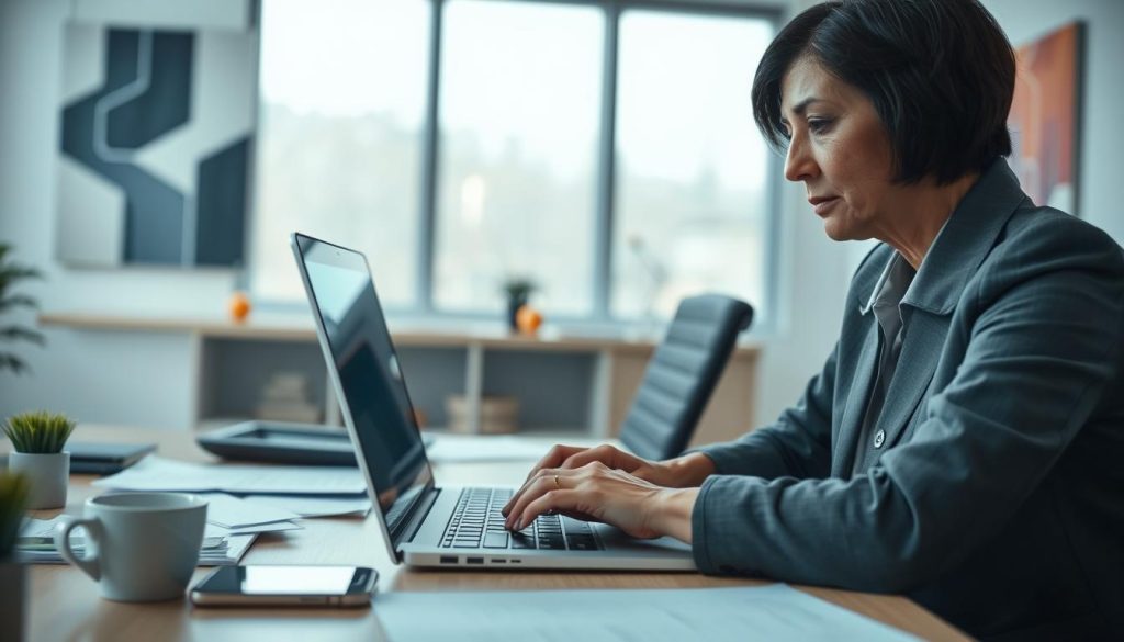 A professional office setting with a focus on a businessperson troubleshooting access issues on a laptop. In the foreground, a person in business attire, a middle-aged woman with short dark hair, gazes thoughtfully at the laptop screen, fingers poised over the keyboard. The middle layer shows a desk cluttered with papers, a smartphone displaying a call icon, and a cup of coffee, hinting at the busy work environment. The background features a large window letting in soft, natural light, with abstract art on the walls adding a modern touch. The atmosphere feels focused and slightly tense, reflecting the seriousness of resolving technical difficulties. The scene is shot from a slight angle to create depth while maintaining a clear focus on the troubleshooting subject.