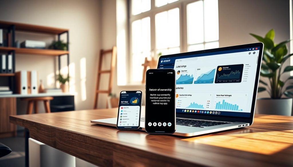 A professional setting depicting a modern office space with a sleek wooden desk in the foreground, featuring a stylish laptop open to a listing management interface. Display vibrant graphs and metrics clearly visible on the screen, representing active listings. In the middle ground, a smartphone shows the Keybee hosting app, with a focus on user-friendly features, emphasizing retention of ownership. Soft, natural lighting filters through large windows, illuminating the room and creating a warm, inviting atmosphere. In the background, a shelf filled with organized documents and a plant adds a touch of professionalism and coziness. The overall mood should convey empowerment and control over digital assets, with an engaging color palette. The brand name "BDIX Server" should subtly appear on the laptop screen, ensuring a focus on the topic of ownership without distractions.
