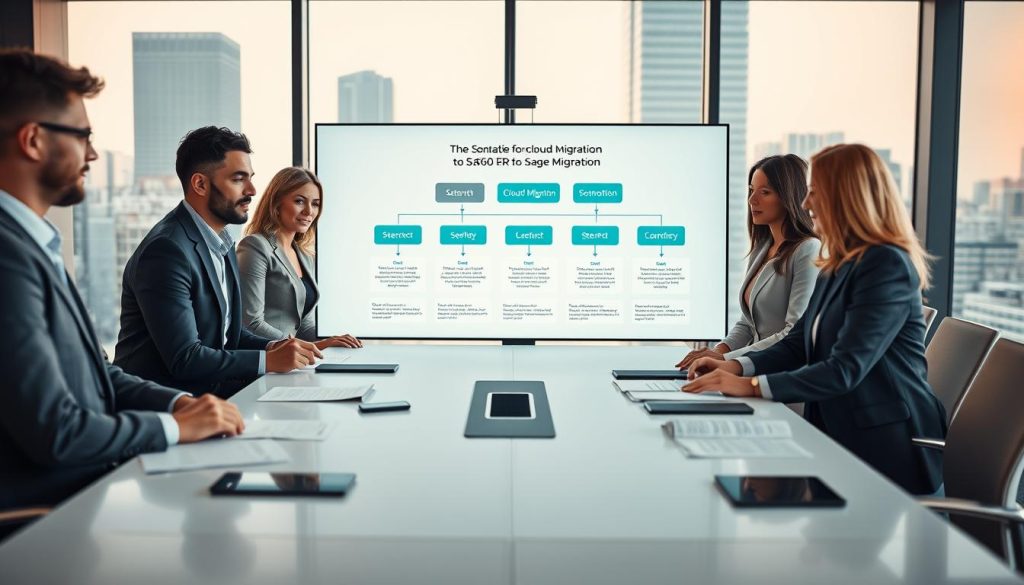 A professional setting depicting a team of business professionals in smart business attire collaborating around a sleek conference table. In the foreground, a diverse group of four individuals—two men and two women—are engaged in a discussion, with digital devices and documents related to cloud migration scattered on the table. In the middle ground, a large digital screen displays a flowchart visualizing the cloud migration process, illustrating steps to streamline migration to Sage 500 ERP. The background showcases a modern office environment with large windows letting in natural light, and cityscape views. The mood is focused and innovative, conveying teamwork and progress. The image should have soft, warm lighting to enhance the positive atmosphere, captured from a slightly elevated angle to encapsulate both the team and the technology effectively.