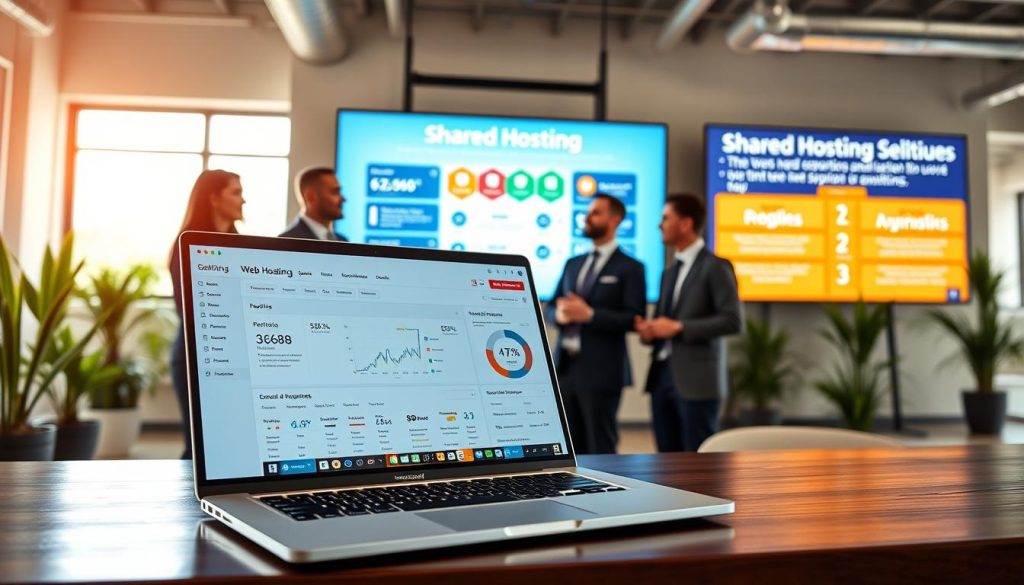 A professional setting showcasing shared hosting options for growing websites. In the foreground, a sleek laptop displays a user-friendly hosting control panel with visual graphs and metrics. To the left, a diverse group of three professionals in smart business attire discusses hosting features, gesturing towards the screen. The middle ground features a modern office environment with potted plants and bright windows, creating a sense of openness. In the background, a large digital monitor displays a visually appealing infographic about shared hosting benefits. The lighting is bright and warm, emphasizing a productive atmosphere. The camera angle is slightly elevated, giving a comprehensive view of the scene. The overall mood is collaborative and focused, representing innovative web hosting solutions.