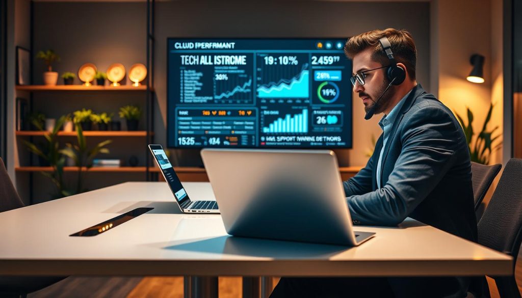 A professional support team member sits at a sleek, modern desk in a softly lit office. The foreground features a focused individual, dressed in business attire, intently assisting a customer via a laptop, their expression conveying dedication and expertise. In the middle, a large digital screen displays data analytics and performance metrics, symbolizing the effectiveness of cloud hosting. The background reveals a sophisticated workspace with shelves displaying tech awards and plants, creating a vibrant yet calm atmosphere. Warm, diffused lighting enhances the scene, casting gentle shadows that suggest a sense of reassurance and support. Capture this in a slightly elevated angle to emphasize the collaborative environment and professionalism of the team. The overall mood should be optimistic and inspiring, reflecting a confidence in expert support.
