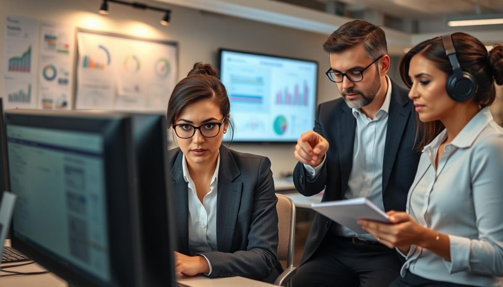 A professional working environment featuring a diverse group of three individuals troubleshooting QuickBooks Desktop on computers. In the foreground, focus on a woman in business attire, intently reviewing financial data on her screen, with a concerned expression. To her right, a man in smart casual clothing points at the screen, discussing solutions, while a second woman, also in professional attire, takes notes on a notepad. In the background, an organized office space with charts and financial reports displayed on the walls, and soft, ambient lighting creates a collaborative atmosphere. The scene is captured from a slightly elevated angle, emphasizing teamwork and technical support. A professional working environment featuring a diverse group of three individuals troubleshooting QuickBooks Desktop on computers. In the foreground, focus on a woman in business attire, intently reviewing financial data on her screen, with a concerned expression. To her right, a man in smart casual clothing points at the screen, discussing solutions, while a second woman, also in professional attire, takes notes on a notepad. In the background, an organized office space with charts and financial reports displayed on the walls, and soft, ambient lighting creates a collaborative atmosphere. The scene is captured from a slightly elevated angle, emphasizing teamwork and technical support.