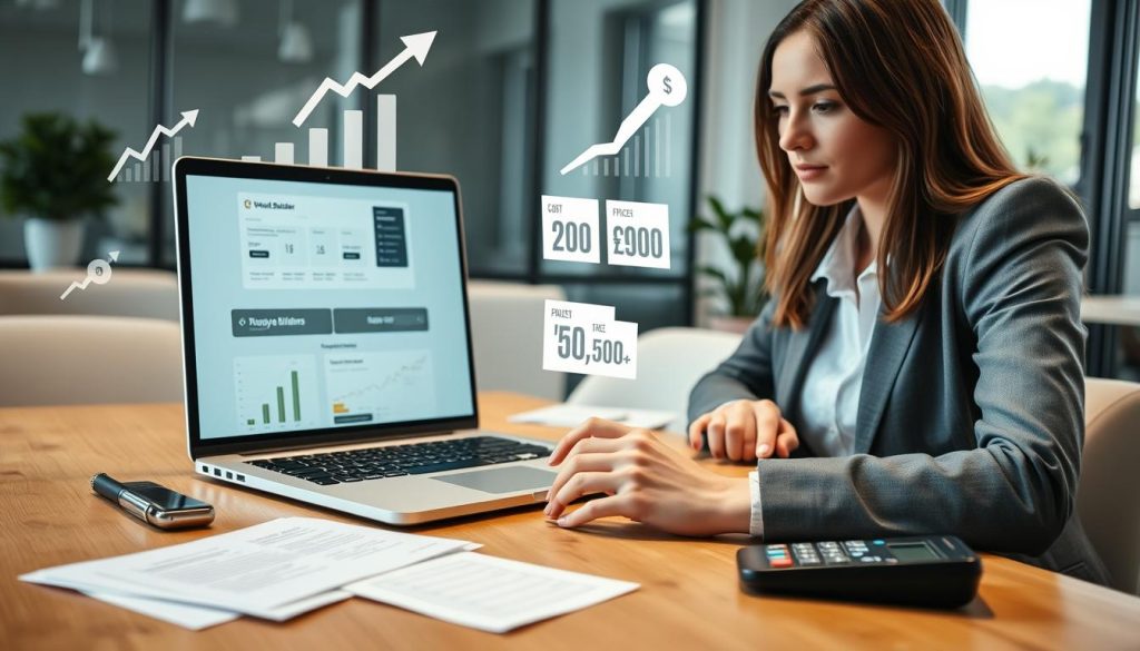 A professional workspace featuring a sleek laptop displaying a website builder interface, set on a wooden desk with scattered notes and a calculator for cost evaluation. In the foreground, a focused businesswoman in smart casual attire, analyzing different pricing plans and features on the screen. The middle ground includes floating graphical elements like upward arrows representing growth, price tags, and charts illustrating cost comparisons. The background features a modern office environment with soft, natural lighting filtering through a window, creating a calm and productive atmosphere. The angle should be slightly tilted to emphasize both the laptop and the professional woman, inviting the viewer into the scene of evaluation and decision-making regarding web solutions.