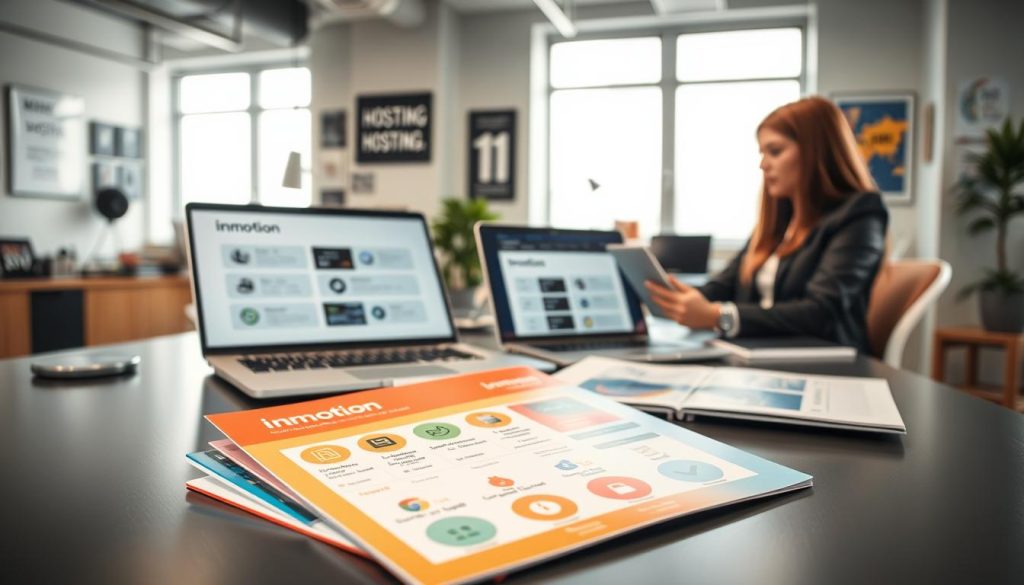 A professional workspace illustrating Inmotion hosting plans laid out on a sleek, modern desk. In the foreground, a colorful brochure details various hosting plans, each with distinct icons representing features such as speed, security, and storage. The middle ground features a laptop displaying a clean, user-friendly interface comparing hosting options. A person in business attire, looking focused, is analyzing the plans, with their hand poised over a tablet. In the background, a well-lit office is filled with tech-related decor, including motivational posters and gadgets. Soft natural light filters through large windows, creating an inviting atmosphere. The overall mood is serious and informative, emphasizing decision-making in hosting solutions.