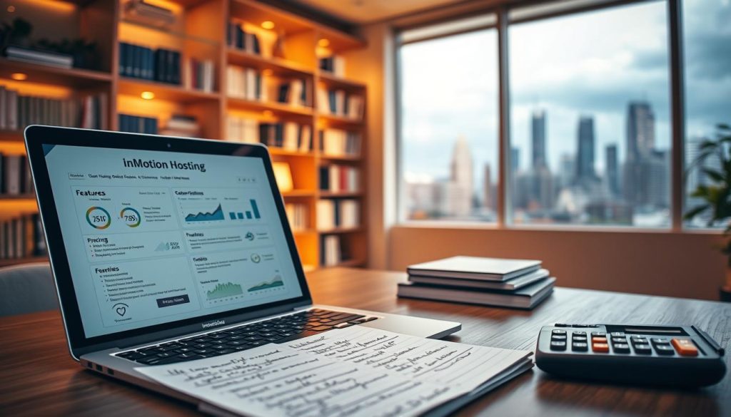 A professional workspace setting designed to convey important considerations before purchasing InMotion Hosting. In the foreground, a sleek laptop is open, displaying a webpage with graphical charts and bullet points summarizing key features such as pricing, customer support, and performance. Nearby, a notepad filled with handwritten notes and a calculator are positioned neatly, suggesting careful planning. The middle layer features a soft-focus bookshelf lined with tech books, highlighting a commitment to knowledge. In the background, warm ambient lighting creates a welcoming atmosphere, while a large window offers a view of a city skyline, symbolizing growth and opportunity. The overall mood is one of professionalism and focus, emphasizing thoughtful decision-making.