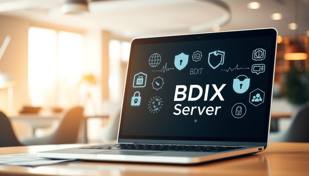 A professional workspace showcasing security standards and data protection. In the foreground, a sleek laptop with the "BDIX Server" logo displayed on the screen, indicating advanced data security measures. The middle layer features an array of digital security icons, such as a padlock, firewall, and shield, artistically arranged. A soft glow emanates from the laptop, creating a sense of high-tech reliability. In the background, a blurred office environment with modern decor, warm lighting, and subtle hints of financial documents to imply a secure business setting. The atmosphere is calm yet vigilant, reflecting a strong commitment to data protection and security standards. The image is framed from a slightly elevated angle, ensuring focus on the laptop and icons, while maintaining a professional and welcoming ambiance.