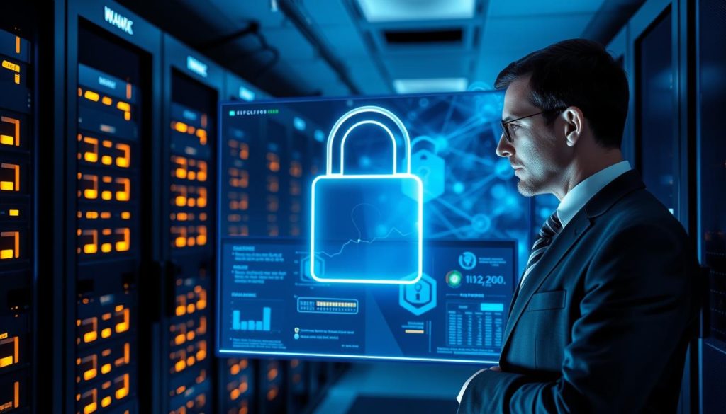 A secure digital environment featuring a modern server room filled with sleek, powerful servers, their lights glowing softly. In the foreground, a professional cybersecurity expert, dressed in business attire, is intently monitoring several high-resolution screens displaying security analytics and firewall protection data. The middle layer shows a transparent digital lock symbol, representing data encryption, overlaid on the screen. In the background, a dynamic, abstract representation of digital networks and firewalls can be seen, evoking a sense of protection. The lighting is cool and ambient, casting soft shadows to create a focused atmosphere, reinforcing a feeling of security and trust in the technology. The overall mood is professional yet approachable, emphasizing the importance of data security.