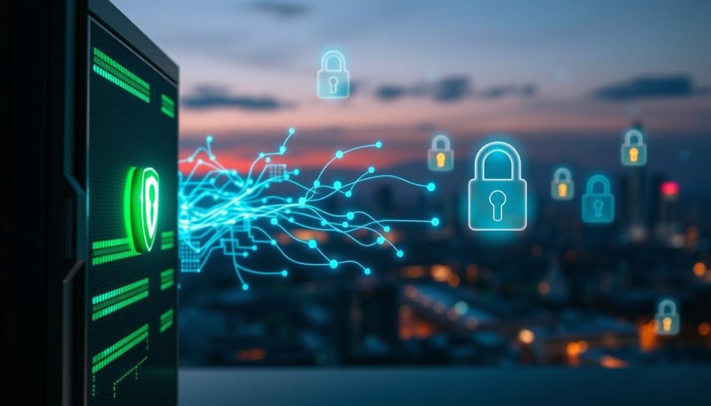 A secure digital environment representing "data protection." In the foreground, a sleek, modern server with glowing biometric security features, symbolizing cutting-edge technology. The middle layer features abstract representations of data streams, visualizing encrypted information flowing seamlessly in vibrant blues and greens, conveying a sense of security and efficiency. The background includes a city skyline at dusk, with glowing data center silhouettes and digital lock icons floating subtly in the atmosphere, illustrating the integration of security into the urban tech landscape. Soft, ambient lighting enhances the mood of tranquility and security, with a slightly blurred focus on the background to emphasize the foreground details. The composition should invoke a sense of trust and stability, reflecting the importance of data protection standards.