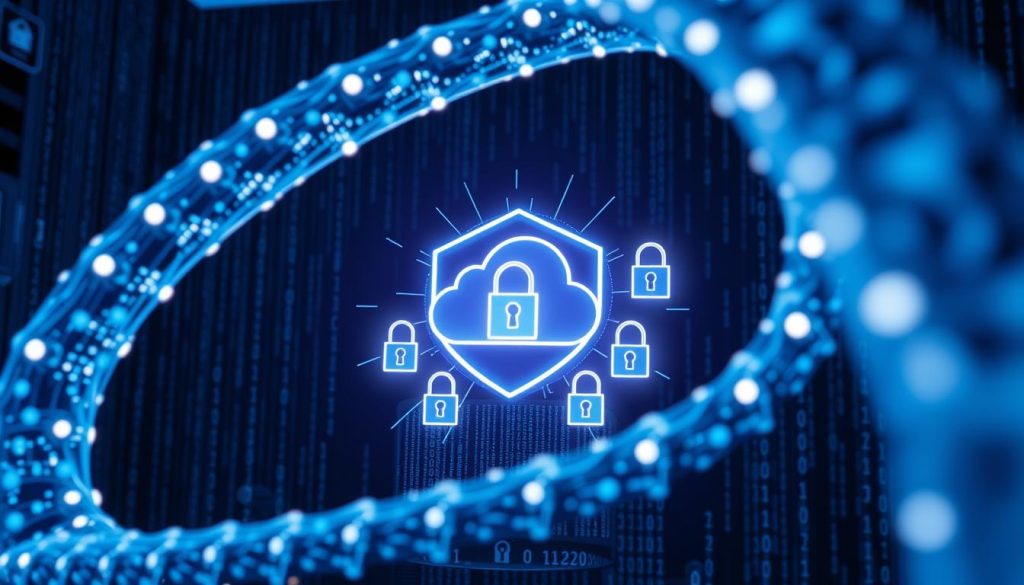 A secure digital environment showcasing a metaphorical representation of a "security helix core cloud." In the foreground, a stylized helix structure made of glowing data streams and intricate circuitry, symbolizing advanced security features. In the middle, a cloud icon surrounded by holographic shields and locks, highlighting robust protection of digital assets. The background features a subtle gradient of deep blue and black, evoking a sense of depth and security, with faint binary codes cascading down to enhance the tech-savvy atmosphere. Soft, ambient lighting illuminates the scene, creating a modern, futuristic feel. The camera angle is slightly tilted to emphasize dynamism, while maintaining clarity in all visual elements. The overall mood conveys trust, innovation, and safety in cloud hosting.