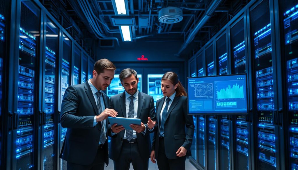A secure server room illuminated by cool blue LED lights, featuring rows of high-tech servers and glowing network cables. In the foreground, a diverse group of three professionals in smart business attire, two men and one woman, are engaged in a serious discussion about cybersecurity strategies, pointing at a digital tablet displaying security graphs. In the middle ground, multiple screens show real-time data analytics and intrusion detection systems. The background showcases secure doors with biometric access and surveillance cameras, emphasizing an advanced security environment. The atmosphere is focused and intense, conveying a sense of urgency and importance in data protection. The image is taken from a slightly elevated angle to capture the entirety of the scene effectively.
