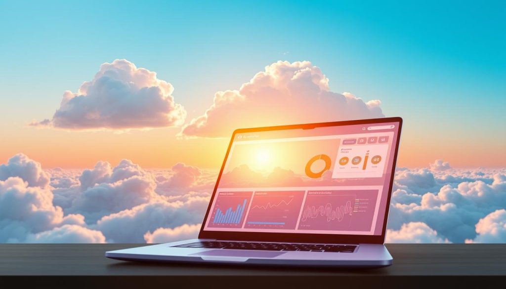 A serene digital landscape depicting cloud hosting, featuring fluffy, white clouds artistically shaped like servers and data centers floating in a bright blue sky. In the foreground, a sleek, modern laptop is open, displaying a vibrant dashboard with graphical data metrics and analytics. The middle layer shows a subtle network of interconnected lines representing data transfer and connectivity, blending into the cloud structures. In the background, a softly glowing horizon hints at sunrise, casting warm light that enhances the mood of innovation and progress. The scene should evoke a sense of professionalism and cutting-edge technology with a clean and polished aesthetic, captured from a slightly elevated angle to showcase depth and perspective.