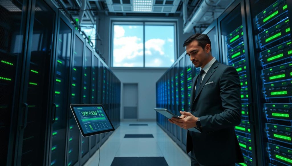 A serene, high-tech server room filled with sleek, modern servers, glowing quietly with green status lights to symbolize optimal uptime and reliability. In the foreground, a business professional in smart attire stands confidently, checking a tablet displaying uptime statistics. The middle ground features rows of advanced, server racks with intricate wiring, softly illuminated by blue LED lights, conveying a sense of security and efficiency. The background shows large, panoramic windows revealing a bright, clear sky, suggesting a stable online environment. The overall atmosphere is calm and focused, evoking trust and professionalism, with soft, diffused lighting accentuating the advanced technology. The angle is slightly low, giving a sense of grandeur to the server setup, highlighting its importance in web hosting operations.