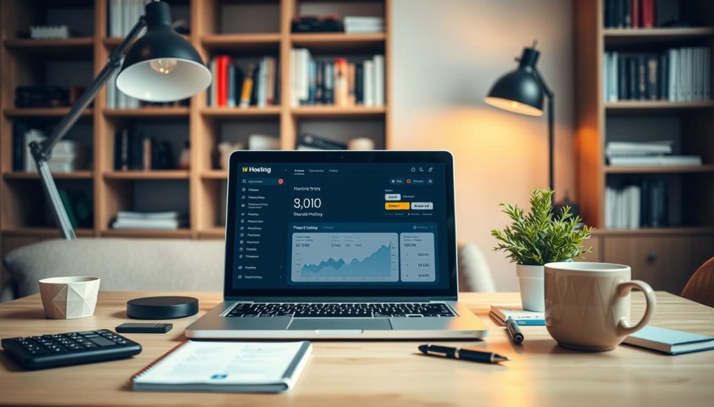 A serene home office setting showcasing the concept of shared hosting value for budget-conscious users. In the foreground, a laptop displaying a user-friendly web hosting dashboard with graphs and savings. Surrounding the laptop, various budget-friendly tech accessories like a calculator, notepad, and coffee cup to suggest productivity. In the middle ground, a small plant and a stylish desk lamp for a touch of comfort and professionalism. The background features a neatly organized bookshelf with resources on web hosting and technology, enhancing the informative theme. Soft, warm lighting creates a welcoming atmosphere, while a shallow depth of field focuses attention on the laptop. This composition evokes a sense of trust, efficiency, and smart financial decision-making. A serene home office setting showcasing the concept of shared hosting value for budget-conscious users. In the foreground, a laptop displaying a user-friendly web hosting dashboard with graphs and savings. Surrounding the laptop, various budget-friendly tech accessories like a calculator, notepad, and coffee cup to suggest productivity. In the middle ground, a small plant and a stylish desk lamp for a touch of comfort and professionalism. The background features a neatly organized bookshelf with resources on web hosting and technology, enhancing the informative theme. Soft, warm lighting creates a welcoming atmosphere, while a shallow depth of field focuses attention on the laptop. This composition evokes a sense of trust, efficiency, and smart financial decision-making.