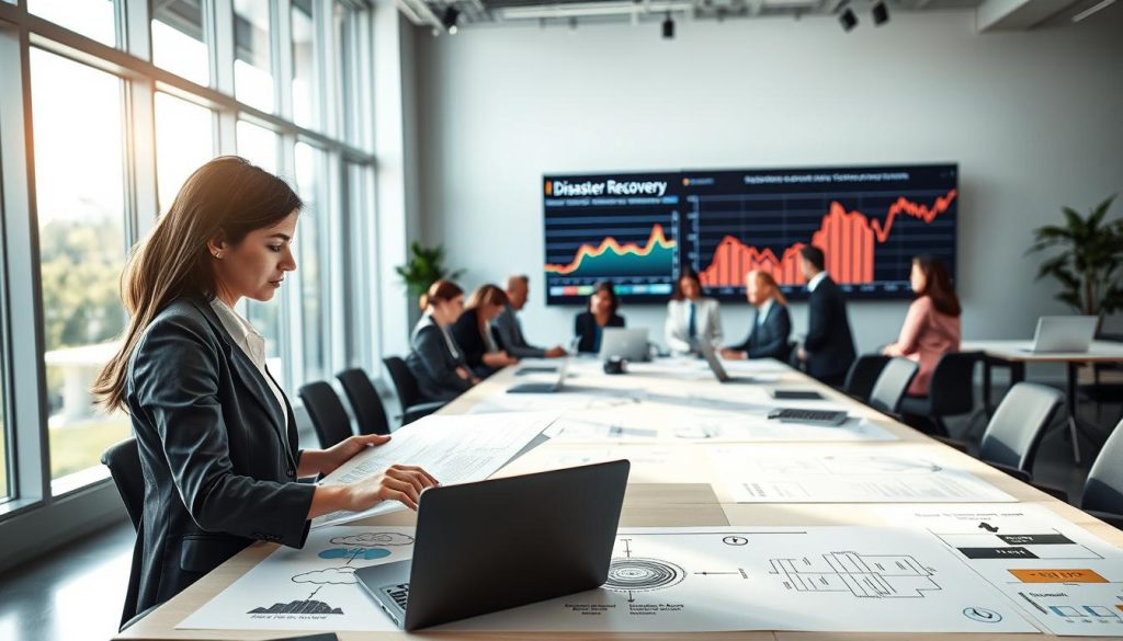 A serene office environment illuminated by soft natural light streaming through large windows. In the foreground, a professional woman dressed in business attire is intently reviewing disaster recovery plans on her laptop, surrounded by digital diagrams of cloud infrastructure and data flow. In the middle ground, a diverse team of professionals, also in business attire, collaborates around a large table covered with laptops and charts, highlighting teamwork in crisis management. In the background, a large screen displays a stabilized graph showing recovery progress, symbolizing hope and resilience. The overall atmosphere is focused, strategic, and optimistic, reflecting the importance of disaster recovery for business continuity in a modern, tech-focused workspace.