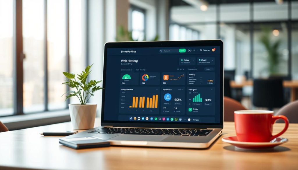 A serene office workspace featuring a sleek laptop displaying a web hosting dashboard, symbolizing the Drive Shared Hosting plan. The foreground showcases the laptop with vibrant icons representing storage and performance metrics. In the middle, a potted plant adds a touch of greenery, while a stylish notepad and a cup of coffee sit nearby. The background includes a subtle blurred view of a modern office with large windows allowing soft natural light to flood the space, creating a warm and inviting atmosphere. The overall mood is professional and productive, evoking a sense of efficiency and reliability in web hosting. Capture this scene from a slightly elevated angle, focusing on the laptop and its details, emphasizing clarity and color contrast. A serene office workspace featuring a sleek laptop displaying a web hosting dashboard, symbolizing the Drive Shared Hosting plan. The foreground showcases the laptop with vibrant icons representing storage and performance metrics. In the middle, a potted plant adds a touch of greenery, while a stylish notepad and a cup of coffee sit nearby. The background includes a subtle blurred view of a modern office with large windows allowing soft natural light to flood the space, creating a warm and inviting atmosphere. The overall mood is professional and productive, evoking a sense of efficiency and reliability in web hosting. Capture this scene from a slightly elevated angle, focusing on the laptop and its details, emphasizing clarity and color contrast.