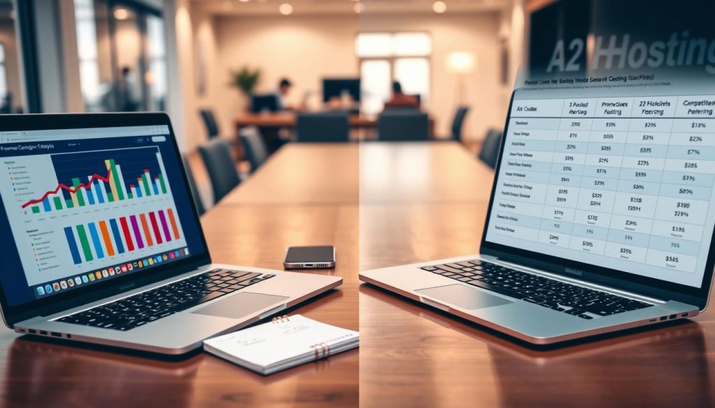 A side-by-side comparison image featuring two sleek, modern laptops on a polished wooden desk, symbolizing the analysis of A2 Hosting against industry competitors. In the foreground, the left laptop displays a colorful chart illustrating various promo codes, while the right laptop shows a comparison table with key features and prices of competitors. The middle ground includes a stylish smartphone and a notepad with handwritten notes, emphasizing a data-driven approach. In the background, a softly blurred office environment with warm lighting creates a productive atmosphere. The focus is sharp on the laptops, highlighting the detailed graphic elements on their screens. Overall, the mood is professional and analytical, inviting viewers to engage in thoughtful decision-making for web hosting options. A side-by-side comparison image featuring two sleek, modern laptops on a polished wooden desk, symbolizing the analysis of A2 Hosting against industry competitors. In the foreground, the left laptop displays a colorful chart illustrating various promo codes, while the right laptop shows a comparison table with key features and prices of competitors. The middle ground includes a stylish smartphone and a notepad with handwritten notes, emphasizing a data-driven approach. In the background, a softly blurred office environment with warm lighting creates a productive atmosphere. The focus is sharp on the laptops, highlighting the detailed graphic elements on their screens. Overall, the mood is professional and analytical, inviting viewers to engage in thoughtful decision-making for web hosting options.