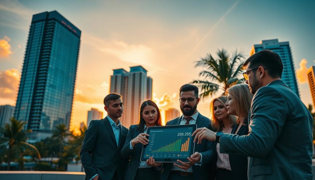 A sleek Miami skyline at sunset serves as the backdrop, featuring modern skyscrapers with reflectively lit glass facades. In the foreground, a group of diverse professionals in business attire are engaged in a discussion, pointing at a digital tablet displaying web hosting statistics. The scene conveys collaboration and innovation, with a focus on efficiency and reliability in web hosting. The lighting is warm and inviting, casting golden hues that enhance the professional atmosphere. The camera angle is slightly low, emphasizing the vibrant city and the determination of the business team. In the middle ground, tropical palm trees add a touch of Miami's character, while wispy clouds reflect the sunset colors, creating a dynamic and inspiring image. A sleek Miami skyline at sunset serves as the backdrop, featuring modern skyscrapers with reflectively lit glass facades. In the foreground, a group of diverse professionals in business attire are engaged in a discussion, pointing at a digital tablet displaying web hosting statistics. The scene conveys collaboration and innovation, with a focus on efficiency and reliability in web hosting. The lighting is warm and inviting, casting golden hues that enhance the professional atmosphere. The camera angle is slightly low, emphasizing the vibrant city and the determination of the business team. In the middle ground, tropical palm trees add a touch of Miami's character, while wispy clouds reflect the sunset colors, creating a dynamic and inspiring image.