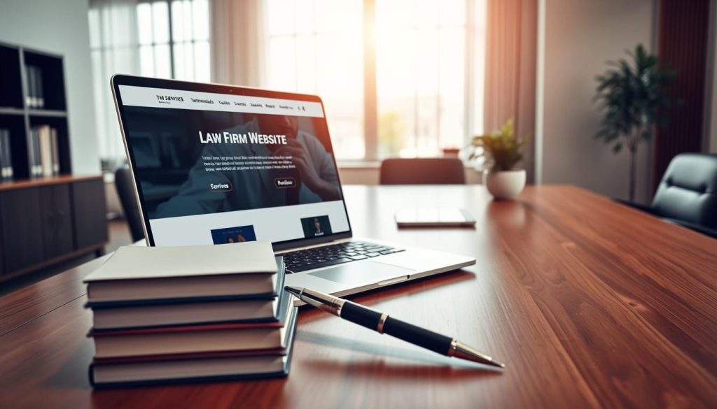 A sleek and modern law firm website interface displayed on a laptop screen, positioned on an elegant wooden desk in a professional office setting. The screen showcases a user-friendly navigation bar with sections for services, testimonials, and legal articles. In the foreground, a stack of legal books and a stylish pen are neatly arranged, symbolizing expertise and professionalism. The middle ground features a well-organized workspace with a digital tablet and a potted plant, adding a touch of warmth. The background reveals a large window with soft, natural light streaming in, illuminating the entire scene and creating a calm, focused atmosphere. The perspective is from a slight angle, inviting viewers into the space, embodying trust and sophistication essential for legal websites.