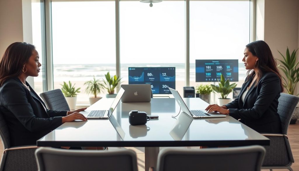 A sleek and modern office environment set in Myrtle Beach, showcasing professionalism in the tech industry. In the foreground, a diverse group of three professionals, a Black woman, a Caucasian man, and a Hispanic woman, are engaged in a serious discussion around a conference table with laptops open, dressed in smart business attire. In the middle, large windows reveal a stunning beachfront view with waves crashing softly, enhancing the atmosphere. The background features tasteful, contemporary decor with potted plants and a digital screen displaying web hosting statistics. Bright, natural lighting fills the room, creating an inviting, focused mood. The angle captures both the professionalism of the individuals and the warm, coastal setting, emphasizing a successful business meeting in Myrtle Beach.