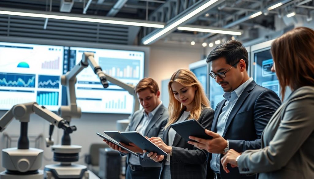 A sleek and modern office environment showcasing operational automation in action. In the foreground, a diverse group of professionals in business attire collaborates over digital tablets, analyzing data trends. The middle ground features advanced technology like robotic arms and automated servers seamlessly integrating into the workflow. The background highlights large screens displaying real-time analytics and graphs, with soft, ambient lighting illuminating the scene, creating a productive atmosphere. The angle captures a slight bird's-eye view to emphasize the interconnectedness of technology and teamwork. The mood is focused and innovative, reflecting efficiency in modern business practices.