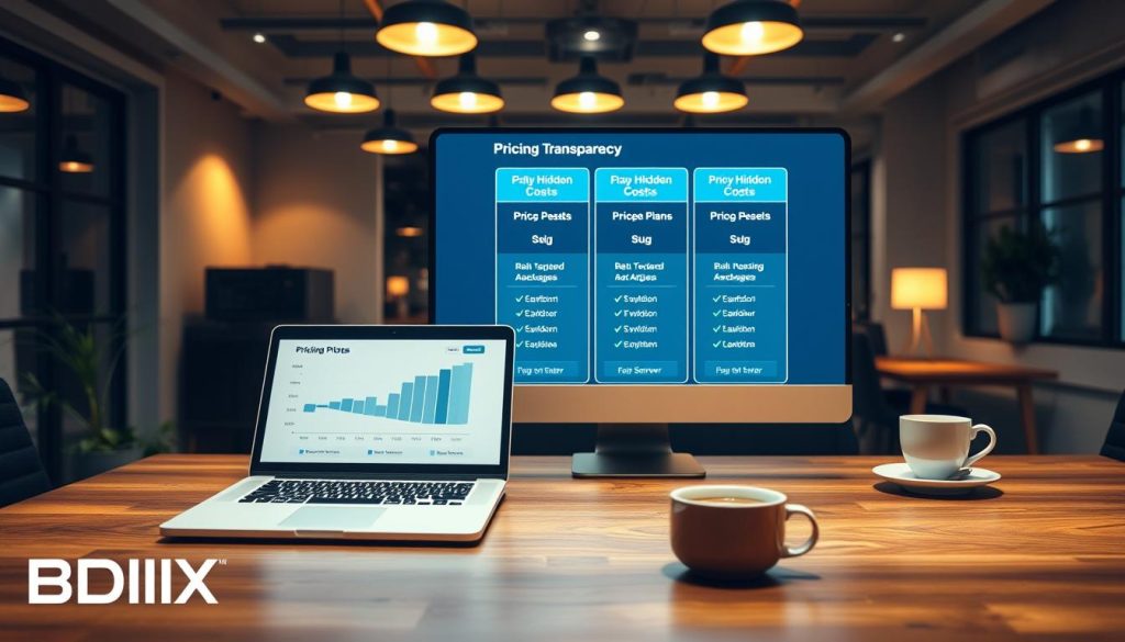 A sleek and modern web hosting hub that symbolizes pricing transparency, showcasing clear, well-organized price plans and cost breakdowns. In the foreground, a polished wooden desk with a laptop displaying graphs and charts illustrating pricing structures. The middle ground features a digital monitor with bright, transparent pricing labels, highlighting different hosting packages without hidden costs. In the background, a stylish office space with soft ambient lighting, such as warm overhead lights that create a professional and inviting atmosphere. The mood conveys clarity and honesty, emphasizing customer trust. The scene includes subtle elements like a potted plant and a cup of coffee, enhancing a sense of professionalism. The brand name "BDIX Server" is subtly integrated into the design, emphasizing the focus on transparency and reliability.