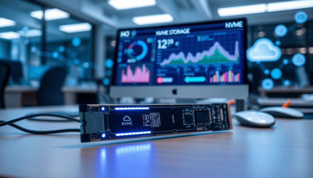 A sleek and modern workspace featuring a high-tech NVMe storage device as the focal point, placed prominently on a desk. In the foreground, the NVMe drive is highlighted under soft blue LED lighting, showcasing its compact design and intricate circuitry. In the middle ground, a computer monitor displays data transfer speeds and performance graphs, illustrating the benefits of NVMe storage in cloud infrastructure. The background features a blurred office environment with futuristic elements, such as data streams and cloud icons, hinting at the integration of cloud technology. The atmosphere is professional and dynamic, conveying a sense of speed and efficiency, with a cool color palette to enhance the modernity of the scene.