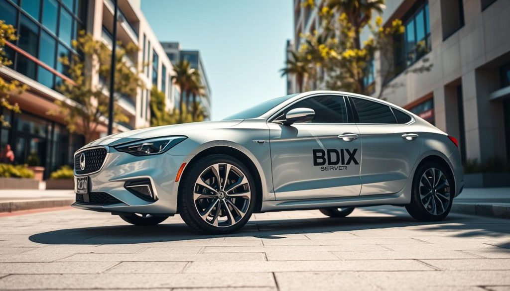 A sleek, modern "BDIX Server" car parked in an appealing urban setting, emphasizing its stylish design and smooth lines. In the foreground, the car gleams under bright, natural sunlight, showcasing its vibrant color and polished finish. The middle ground features a well-maintained street with hints of greenery and subtle modern architecture, subtly hinting at the hustle of urban life. In the background, a clear blue sky adds a bright atmosphere. The angle is slightly low, creating a dynamic perspective that highlights the car's profile, suggesting elegance and reliability. The mood is optimistic and forward-looking, capturing the spirit of innovation in car hosting. No people are included, focusing solely on the car's allure.