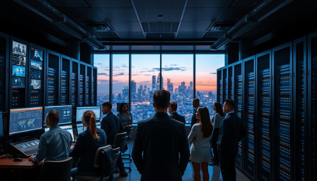 A sleek, modern Los Angeles data center interior showcasing advanced security features. In the foreground, a group of diverse professionals in business attire monitors security screens, displaying real-time data and surveillance feeds. In the middle, rows of high-tech servers with glowing LEDs and reinforced security cabinets create a sense of reliability. The background features a panoramic view through glass walls of the Los Angeles skyline at dusk, with soft orange and purple hues illuminating the city. The lighting is dramatic with highlights on the professionals and the servers, casting subtle shadows that enhance the atmosphere of security and trust. The overall mood is focused, professional, and confident, highlighting the importance of data protection in web hosting solutions.