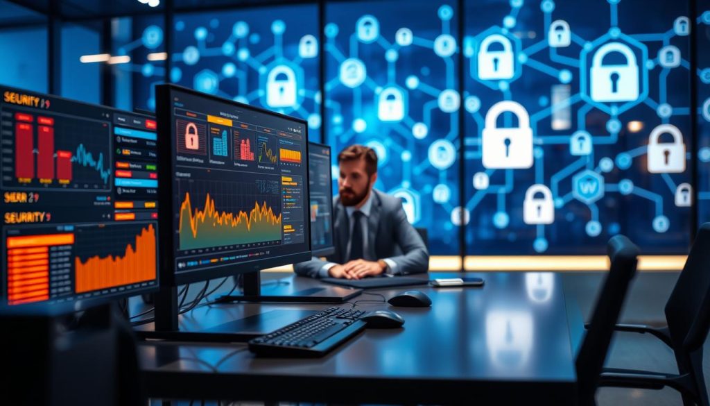 A sleek, modern office environment illustrating "security web hosting." In the foreground, a high-tech computer setup displays security software with vibrant, glowing graphs and alerts, emphasizing real-time monitoring. In the middle, a professional in business attire sits focused on the screen, surrounded by digital icons representing firewalls, encryption, and data protection, symbolizing robust security measures. The background features abstract representations of a digital network, with interconnected nodes and secure locks, bathed in cool blue tones enhanced by soft lighting to evoke a calm, secure atmosphere. The image should capture a sense of reliability and professionalism, with a slightly blurred background to keep the focus on the subject. A sleek, modern office environment illustrating "security web hosting." In the foreground, a high-tech computer setup displays security software with vibrant, glowing graphs and alerts, emphasizing real-time monitoring. In the middle, a professional in business attire sits focused on the screen, surrounded by digital icons representing firewalls, encryption, and data protection, symbolizing robust security measures. The background features abstract representations of a digital network, with interconnected nodes and secure locks, bathed in cool blue tones enhanced by soft lighting to evoke a calm, secure atmosphere. The image should capture a sense of reliability and professionalism, with a slightly blurred background to keep the focus on the subject.