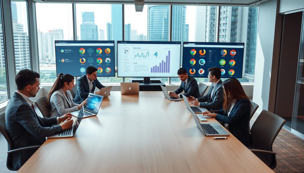 A sleek modern office environment in the foreground, featuring a diverse group of professionals in business attire collaborating around a large conference table with laptops and tablets showcasing vibrant web applications. In the middle ground, large screens display graphs and browser windows with various logos of popular web browsers, illustrating compatibility. The background includes a bright window with a cityscape view, filled with modern buildings and greenery, signifying connectivity. Soft, natural lighting illuminates the space, creating a productive and innovative atmosphere. The angle of the shot is slightly above eye level, providing a dynamic perspective. The mood is collaborative and forward-thinking, emphasizing the harmony between modern devices and browsers.
