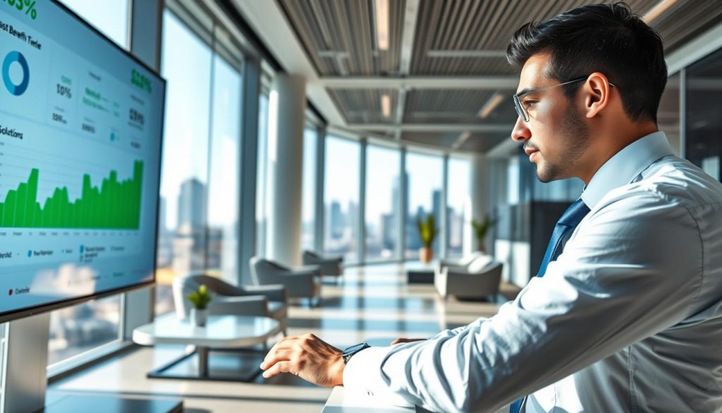 A sleek, modern office environment showcasing a business professional in smart attire, deeply engaged in analyzing a digital dashboard on a large screen displaying financial metrics and graphs. In the foreground, detailed charts highlight cost benefits and scalable solutions, with green and blue tones to symbolize growth and efficiency. The middle ground features elegant furniture and technology, creating a sense of innovation and productivity. In the background, a city skyline can be seen through large windows, indicating a global reach and ambition. Soft, natural lighting floods the space to convey a positive and professional atmosphere, with a focus on clarity and organization. The angle captures both the subject's concentration and the impressive screen, emphasizing the connection between technology and business success.