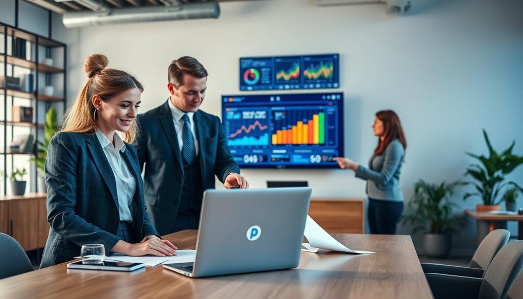 A sleek, modern office environment showcasing a diverse group of professionals collaborating over web hosting projects. In the foreground, a confident woman in smart business attire discusses plans with a man in a tailored suit, both animatedly pointing at a laptop displaying the Pantheon logo. The middle layer features a large screen on the wall with vibrant graphs and analytics showcasing web performance metrics. In the background, contemporary office furniture, shelves with tech books, and plants convey a sense of innovation and creativity. Use soft, natural lighting to create a warm and inviting atmosphere, with a shallow depth of field to emphasize the collaboration, helping viewers feel the trust and professionalism associated with Pantheon Web Hosting.